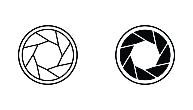 Camera shutter aperture icons depicting mechanical lens diaphragm mechanism in both thin line and solid black styles for photography and artistic creative projects isolated on white background