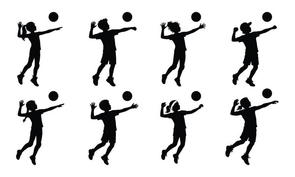 Children silhouettes playing volleyball, serving and spiking poses, action shots, isolated.