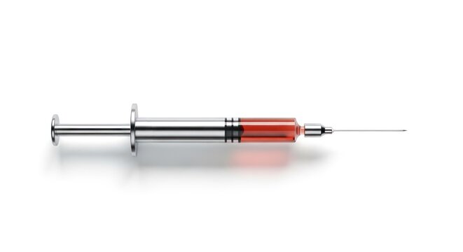 Medical syringe filled with red liquid