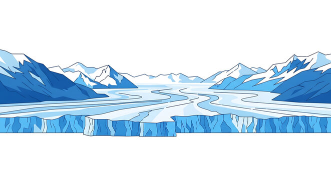 Glacier landscape illustration with mountains and ice flow in arctic or antarctic scenery