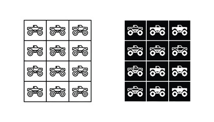 Monster truck icon grid featuring aggressive vehicle designs in line art and solid black silhouette for automotive branding and extreme sports © Asian