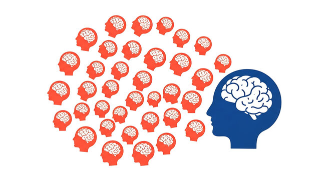 Conceptual illustration of collective intelligence, swarm intelligence, or group thinking with many small red human head icons and one large blue head icon
