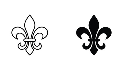 Fleur de lis heraldic symbol in outline and solid black icon styles for graphic design projects © Asian