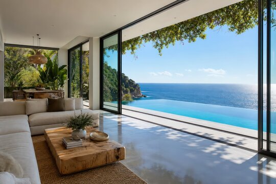 Luxurious modern villa living room, open concept interior design with panoramic ocean views. Elegant coastal home featuring an infinity pool and lush green foliage