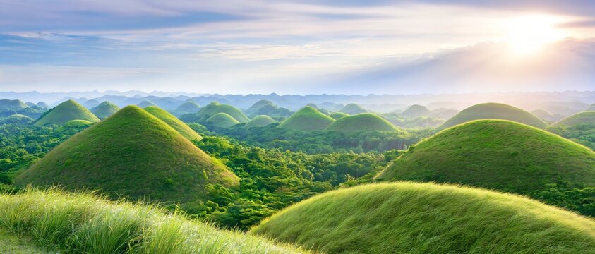 Sunlight glows above rolling green hills