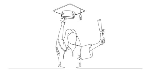 Obraz premium Continuous line drawing of a woman wearing graduation attire 1.eps