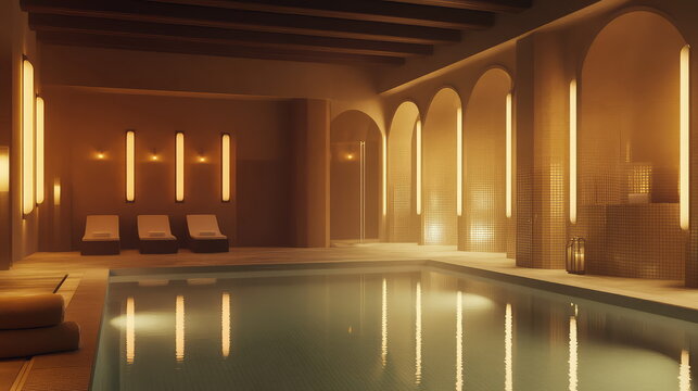 Luxurious indoor swimming pool creating a tranquil spa and wellness environment with elegant lighting, arches, and comfortable lounge chairs, providing a perfect escape for relaxation and self care