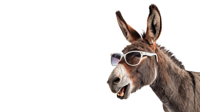 Funny donkey wearing sunglasses for humor creative animal character and social media entertainment design concepts isolated on transparent background cut out
