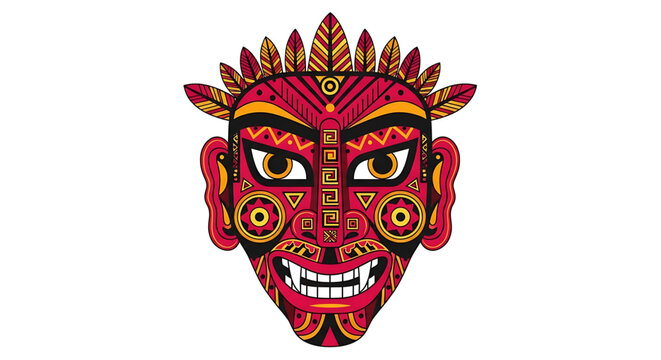 Tribal ethnic mask vector illustration, traditional ritual mask with geometric patterns and feathers