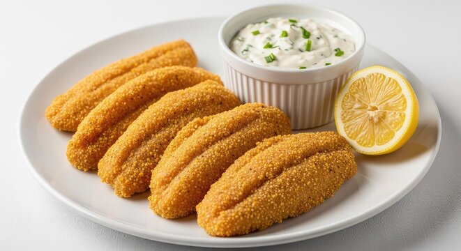 Golden brown crispy fried catfish fillets served on a white ceramic plate with a small bowl of creamy tartar sauce and a fresh lemon wedge, lunch, seafood, flaky