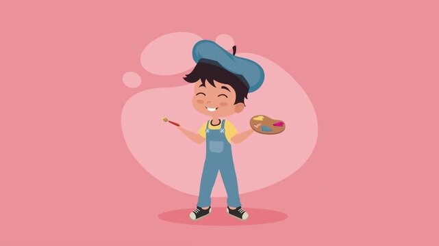 Little boy artist character with painting brush and palette animation standing against pink background with cloud shape.