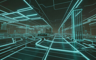 Fototapeta premium Abstract visualization of complex computer motherboard architecture with cyan glowing light lines representing energy flow and high tech digital communication network in cyberspace.