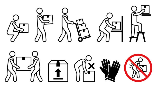 Workplace safety lifting icons set with boxes, hand truck, gloves, teamwork, correct posture, manual handling, prevention, injury, cautionl