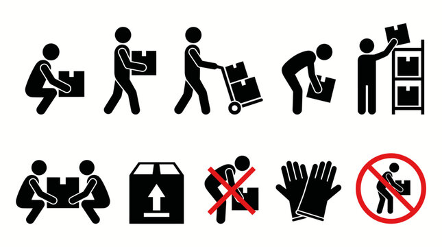 Workplace safety lifting icons set with boxes, hand truck, gloves, teamwork, correct posture, manual handling, prevention, injury, cautionl