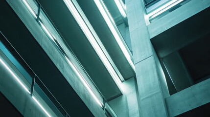 Naklejka premium Modern concrete architecture with bold abstract lines and glowing teal illumination, creating a futuristic, geometric urban interior and dynamic minimalist workspace pattern