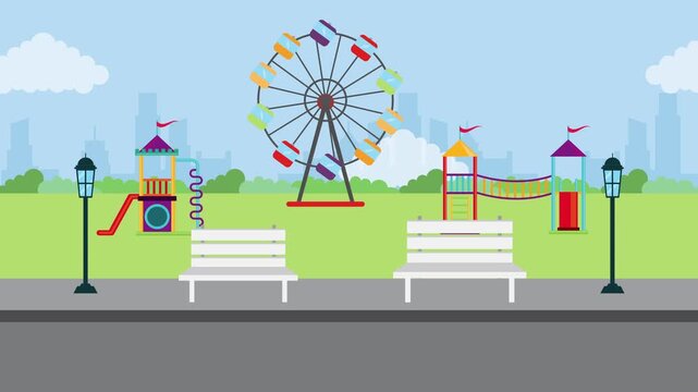 Animated cityscape park with playground and ferris wheel moving through time.