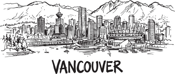 Fototapeta premium Vancouver skyline with mountains and water sketch style with hand drawn north in outline style