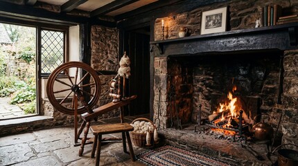 Naklejka premium Cozy rustic cottage interior with spinning wheel and warm fireplace