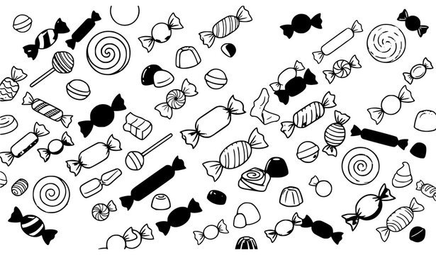 Scattered wrapped candies and lollipops vector illustration set with silhouettes outlines and colorful sweets isolated on white background