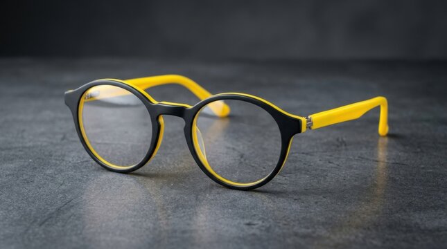 Black and Yellow Designer Eyeglasses on Textured Surface