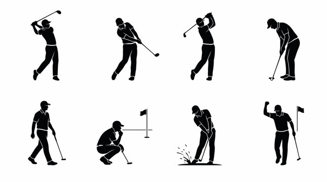 Golf Silhouette Icons Vector Set Swing Putting Stance Backswing Follow Through Addressing Ball Human Figures Sport Technique Posture Black Outline Clipart Athletic Illustration