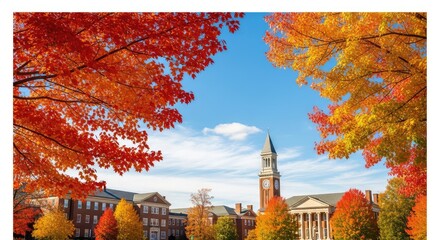 Fototapeta premium Vibrant autumn leaves frame classic brick academic buildings and a tall clock tower under a clear blue sky on a peaceful college campus, learning, daytime, education