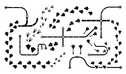 Bird footprint path system vector illustration with duck goose swan and seabird tracks for game UI design isolated on white background © MstMonisha