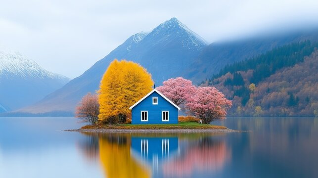 A cozy cottage on a peaceful island surrounded by mountains. A tiny house on an island with beautiful fall colors