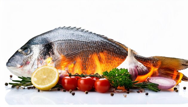 fresh whole fish and barbecue ingredients isolated for cooking