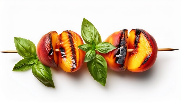grilled peach and fresh basil skewer with prominent char marks perfectly isolated on white background
