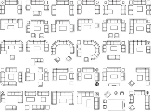 An array of furniture layout. The image showcases top-down view of various arrangement for sofa, chair, table. 