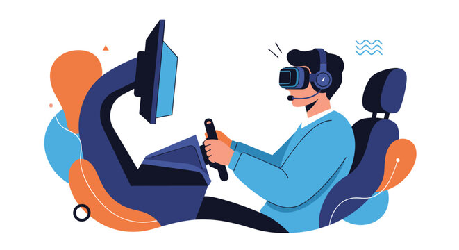 Gamer experiences realistic virtual reality while using a headset and steering wheel in a high performance driving simulator.