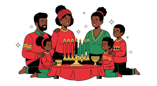 African american family celebrating kwanzaa with kinara and candles