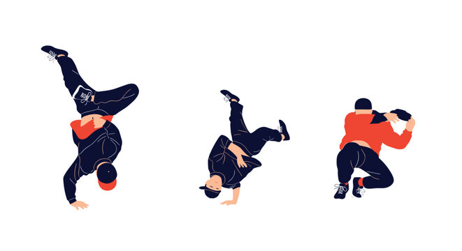 Dynamic sequence shows a male breakdancer performing an athletic headspin and floor moves in three different stages of dance.