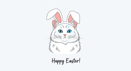 Fototapeta premium Beautiful white cat with bright blue eyes wears festive bunny ears and greets the viewer with the text Happy Easter on a light blue background.