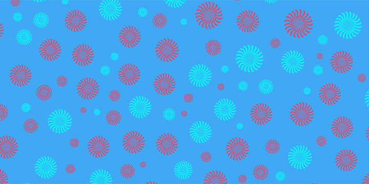 Abstract light blue background with a scattering of vibrant red and cyan spiral circles. Fun psychedelic pattern with swirling sun-like shapes or peppermint candy aesthetic