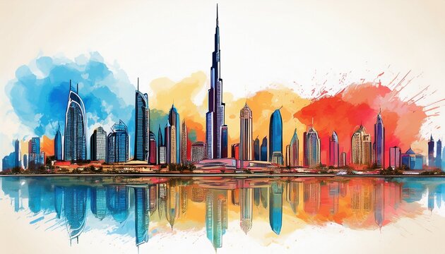 vibrant watercolor painting of dubai skyline a captivating urban landscape stunning