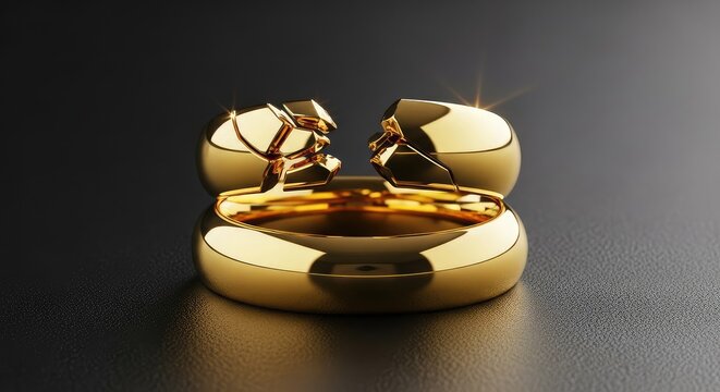 A close-up shot of two shiny gold wedding bands stacked together, featuring one perfect ring and one fractured broken ring on a dark base, marriage, separation, split