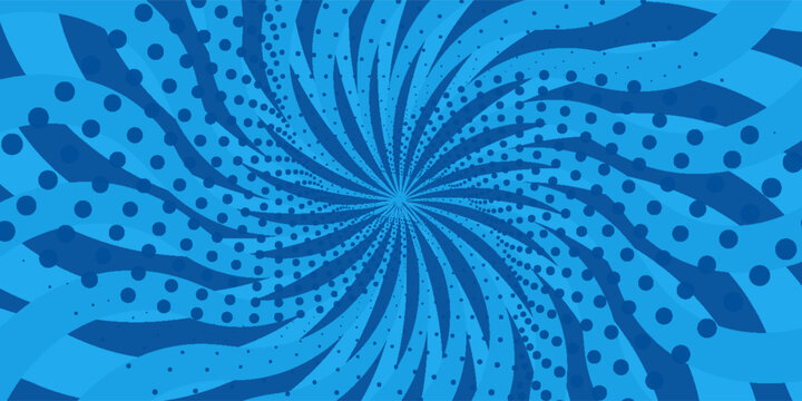 Comic background. Pop art texture. Starburst cartoon style. Anime design with explosion effect for print. Fun dot pattern. Blue backdrop with halftone gradient. Funny line frame
