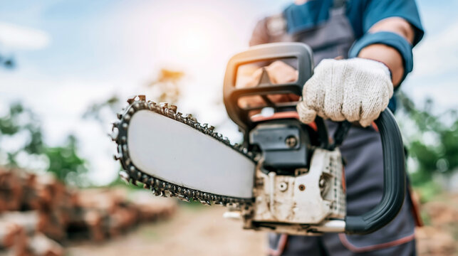 Worker holding a chainsaw with a protective glove, preparing for woodcutting and forestry operations outdoors