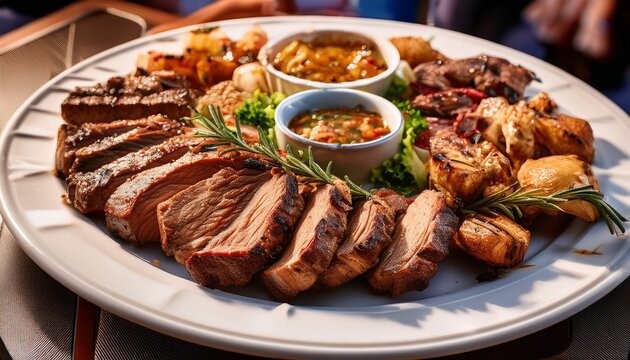 a delectable plate of grilled meat presented at a wedding or restaurant buffet inviting guests to savor the culinary delights of the occasion