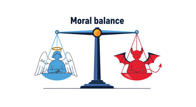 Conceptual moral balance illustration features an angel and a devil sitting on opposite sides of a traditional weighing scale.