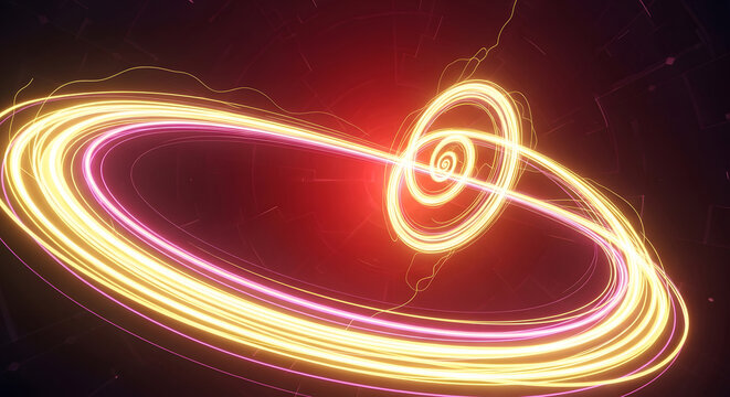 Abstract Futuristic Golden Light Trails and Spirals on Dark Red Background