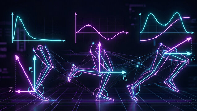 Glowing neon wireframe biomechanical kinematic analysis of human movement with force vectors and data graphs