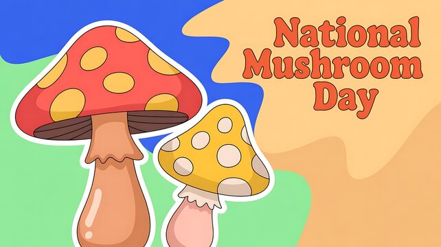 National mushroom day celebration with cartoonish fly agaric and yellow mushrooms amanita muscaria poisonous mush