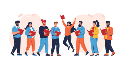 Obraz premium Diverse group of people standing together in a line and reading red books in a friendly educational and literary environment.