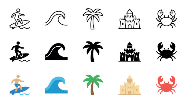 Beach and summer icons collection featuring various holiday elements like surfers, waves, palm trees, sandcastles, and crabs in different styles.