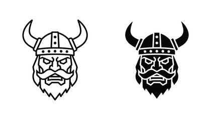 Viking warrior head icon in line art and solid black silhouette styles for heraldic emblem design or gaming avatar © Mystic