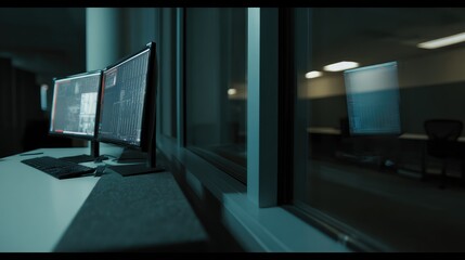 Fototapeta premium Two computer monitors on a desk reflect their complex programming code onto a dark office window, highlighting themes of cybersecurity, hacking, and nocturnal technology work