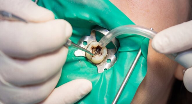 Extreme Macro Closeup of Dental Caries Cavity Being Treated with Excavator and Suction